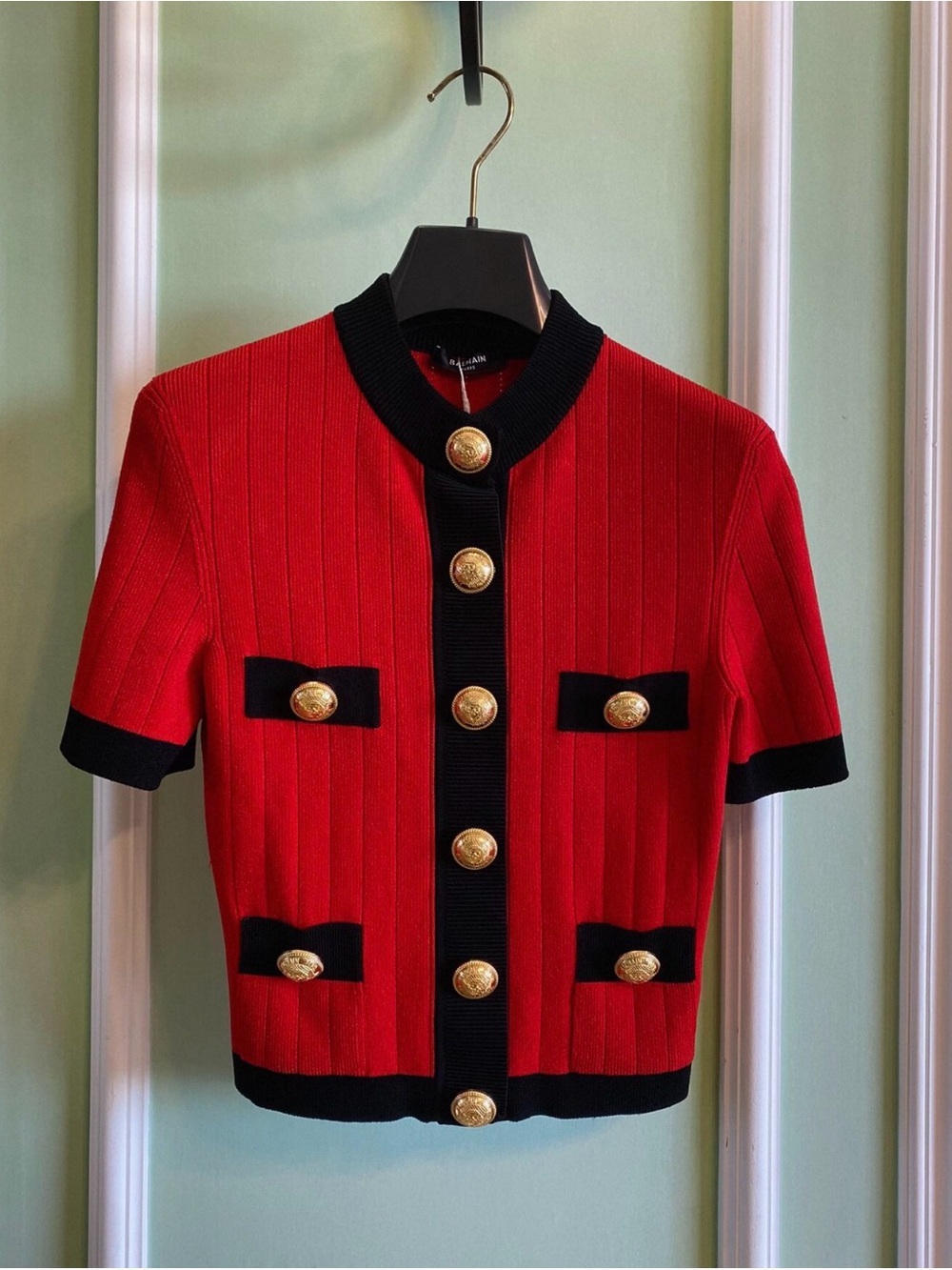 Balmain Red Short Sleeve Knit Jacket with Black Trim and Gold Buttons